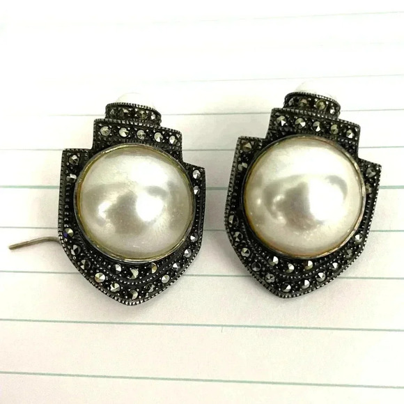 VTG Judith Jack Sterling Silver Faux Pearl Marcasite Earrings JJ Signed 19 Grams - Picture 7 of 16